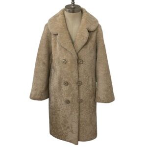 Vtg 60s Beige Lambs Wool Fur Pea Coat S/XS
